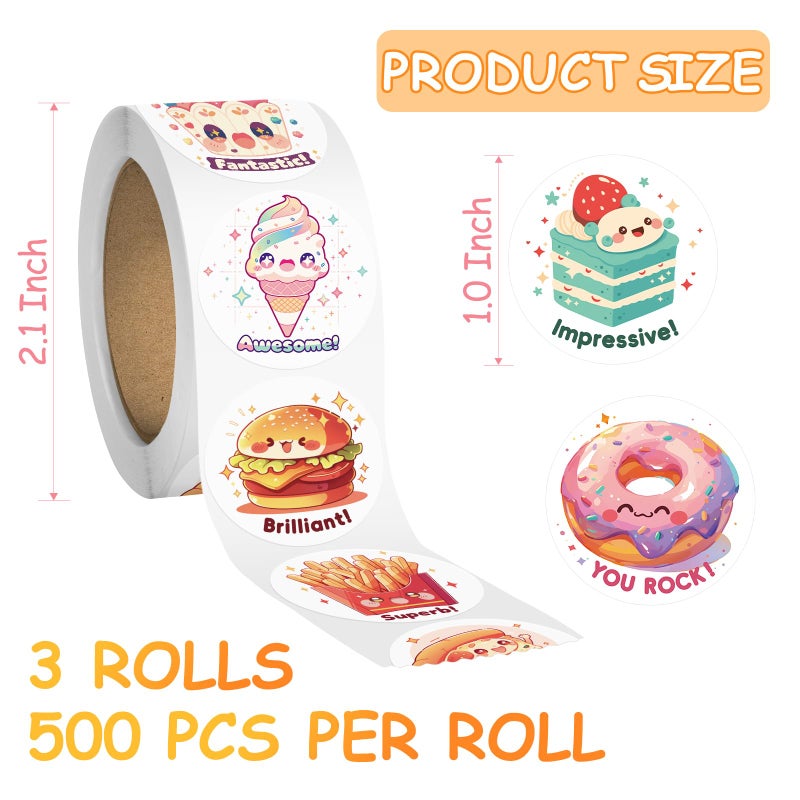 JIXZEN 3 Rolls Cute Food Stickers for Toddlers 2-4, 24 Designs Fruit/Vegetable/Snack Stickers Bulk for Kids, 1500 PCS Motivational Vinyl Stickers for Teacher Classroom Prizes, Homeschool Supplies(1.0 Inch) - Image 3